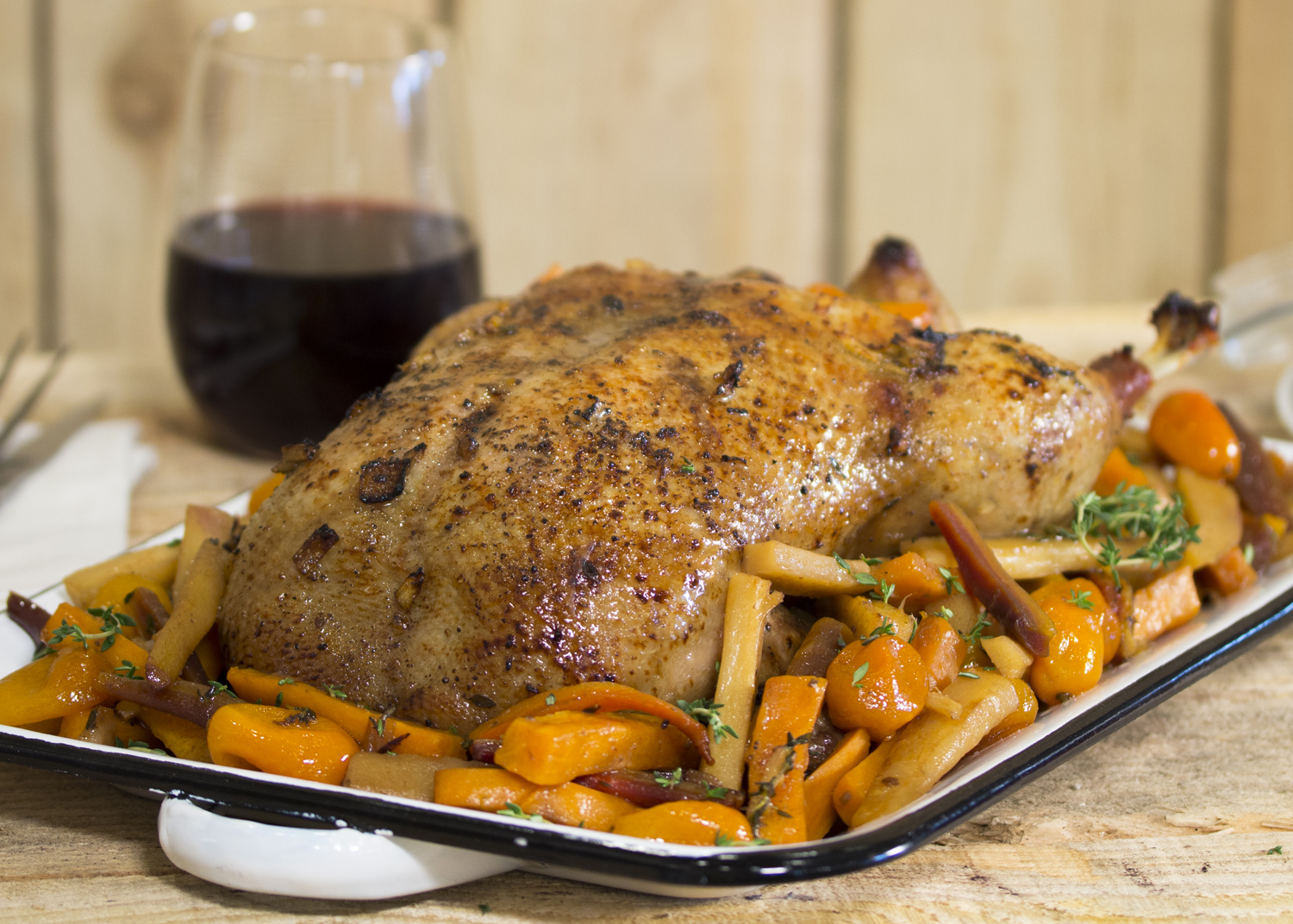 Canard à l’érable, kumquats confits et légumes racines Canards du Lac