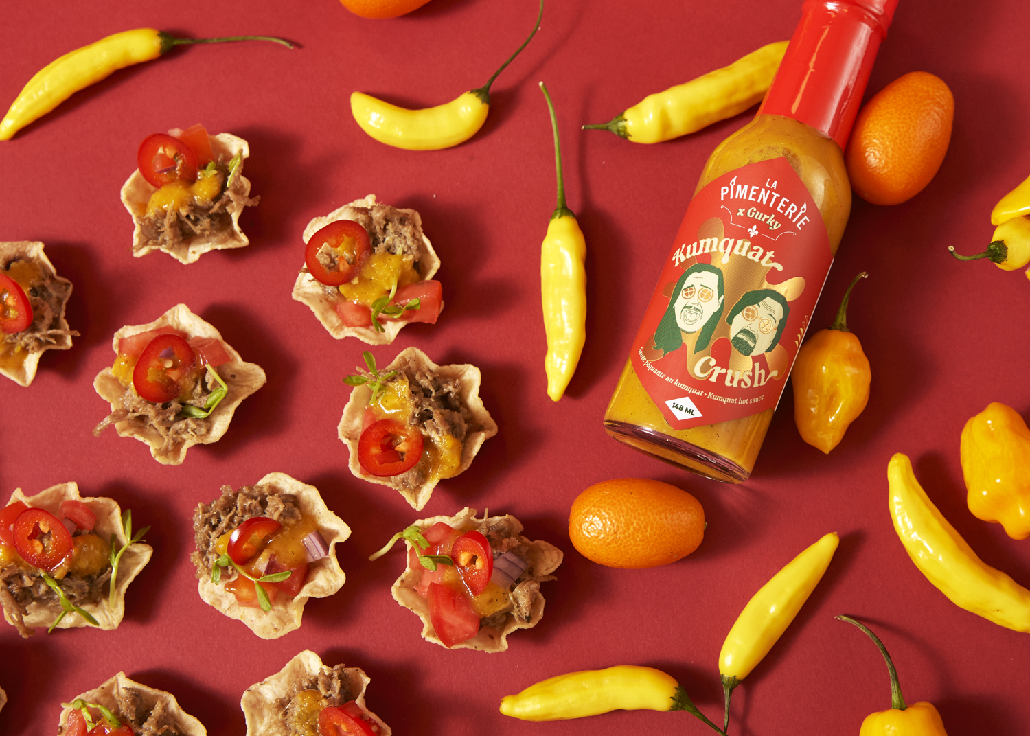Bouchées de nachos au canard confit et sauce piquante Kumquat Crush de